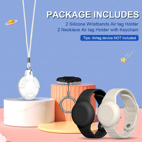 AirTag Case, Waterproof AirTag Bracelet & Necklace for Kids, Soft Silicone Air Tag Holder with Key Ring (Black+ Beige, White)
