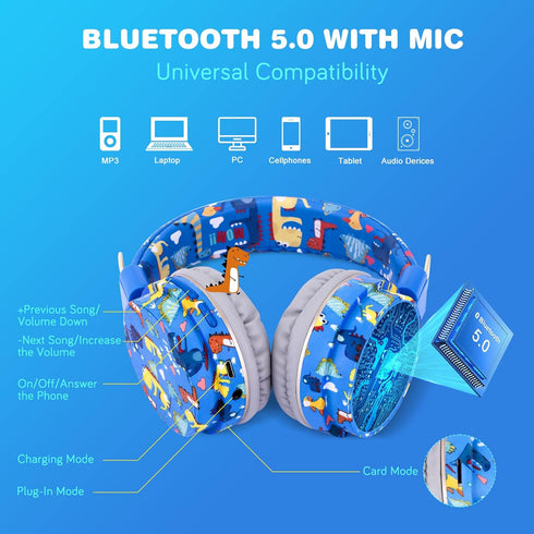 QearFun Dinosaur Headphones for Boys Kids, Bluetooth Headphones with Microphone & 3.5mm Jack, Adjustable Headband for
