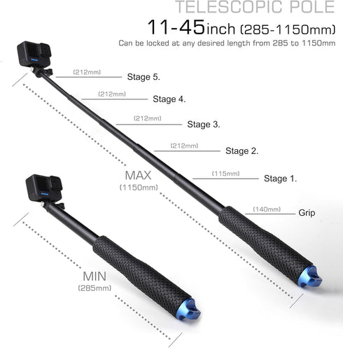 11''-45''Alumium Handheld Waterproof Selfie Stick Underwater Pole Handle Grip Monopod for Gopro Hero Session Max Insta360 AKASO DJI OSMO Digital Action Cameras