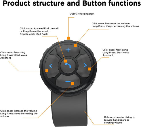 Bluetooth Media Button Remote Control, IPX6 Waterproof Strap Type Wireless Controller for Car, Bike, Motorbike Steering