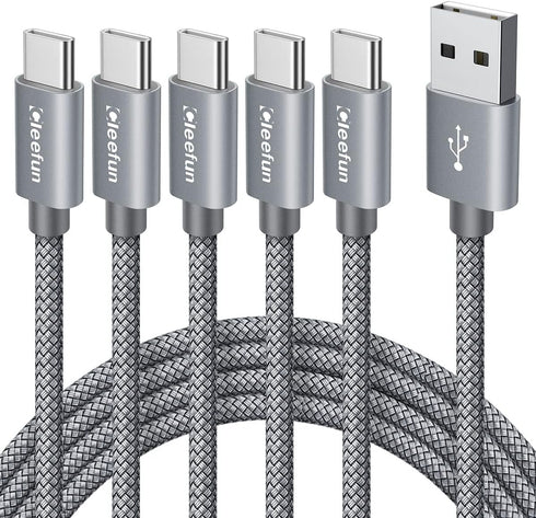CLEEFUN 6ft USB C Cable 5-Pack, Fast Charging Braided Cord for iPhone 15 Pro Max, Samsung Galaxy S24/S23/S22/S21/S20