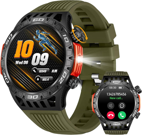 Military Smart Watch - LED Flashlight, Compass, SOS, Rugged Tactical Bluetooth, Heart Rate Monitor, Green