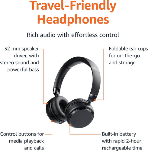 Amazon Basics Bluetooth Wireless On Ear Headphones with Microphone, 35 Hour Playtime, Foldable, One Size, Black