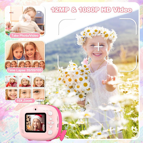 Kids Instant Print Camera, 12MP Ink-Free Printing for Ages 3-10, Selfie Camera for Boys and Girls, Pink