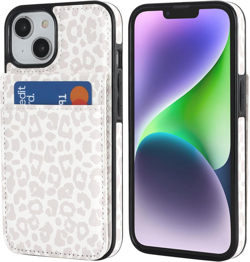 Vaburs Wallet Case for iPhone 13 and iPhone 14 with Credit Card Holder, White Leopard Cheetah Pattern Flip Premium PU
