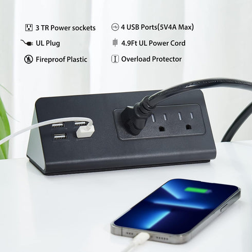 Desk Edge Mount Power Strips with USB Ports, UL Plug Outlets, 1250 Joules Surge Protector for Home Office