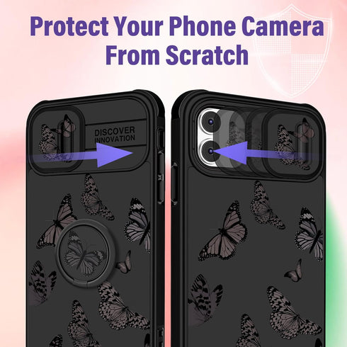 Cute 2-in-1 iPhone 11 Case for Women - Black Butterfly Design, Camera Cover & Ring Stand, Aesthetic Kawaii Funda.