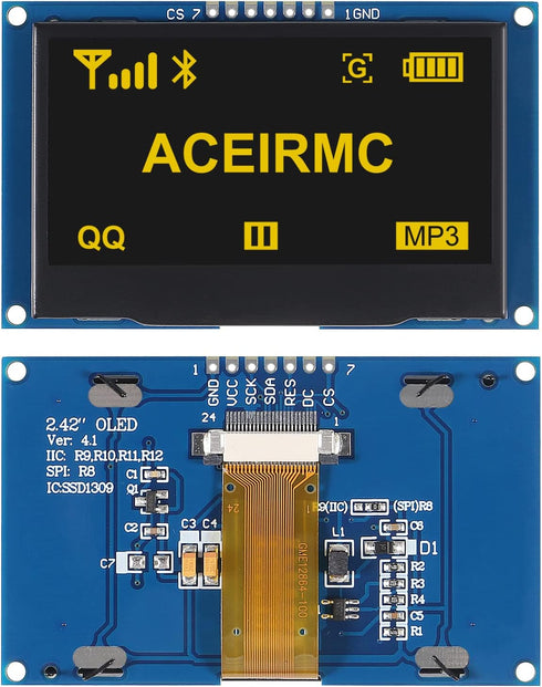 ACEIRMC 2.42 inch 128x64 SSD1309 7 I2C R3 OLED LCD Display Module Pin SPI/IIC Serial Interface for Arduino UNO (Yellow)