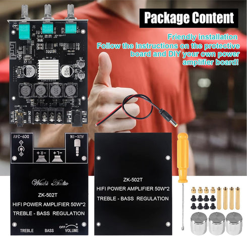 ZK-502T 50W+50W Stereo Audio Amplifier Board, DC 9-24V BT and AUX Inputs, BT 5.0 AMP Board for DIY Wireless Speakers