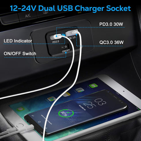 Linkstyle 12V USB Outlet, 36W QC3.0 USB-A & 30W PD3.0 USB-C Charger Socket with Blue Indicator for Marine Trunk