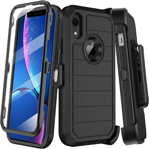 iPhone XR Case, Black, Heavy Duty Shockproof Drop Protection, Built-in Screen Protector, Belt Clip Holster, Rugged Cover