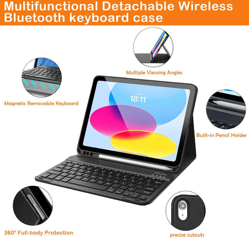 Wireless Bluetooth Keyboard Case for iPad 10th Generation, Full-body Protection, Black