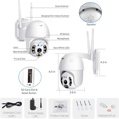 Pan Tilt Outdoor Security Camera, 1080P Home WiFi IP Camera, Dome Surveillance Cam with Two Way Audio, Night Vision