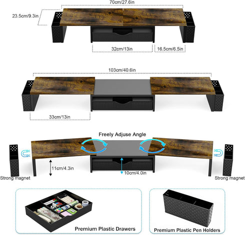 2 Spacrea Metal Desk Organizers and Accessories, Dual Monitor Stand Riser with Drawer and Pen Holders, Desk Accessories