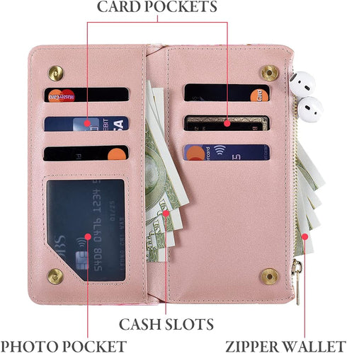 UEEBAI 15, Wallet Case for iPhone PU Leather Case Magnetic Closure Handbag Zipper Pocket Case Kickstand Card Slots