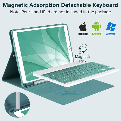 Keyboard Case for iPad 10.2" 9th 8th Generation, Detachable Bluetooth Keyboard and Pencil Holder, Deep Green