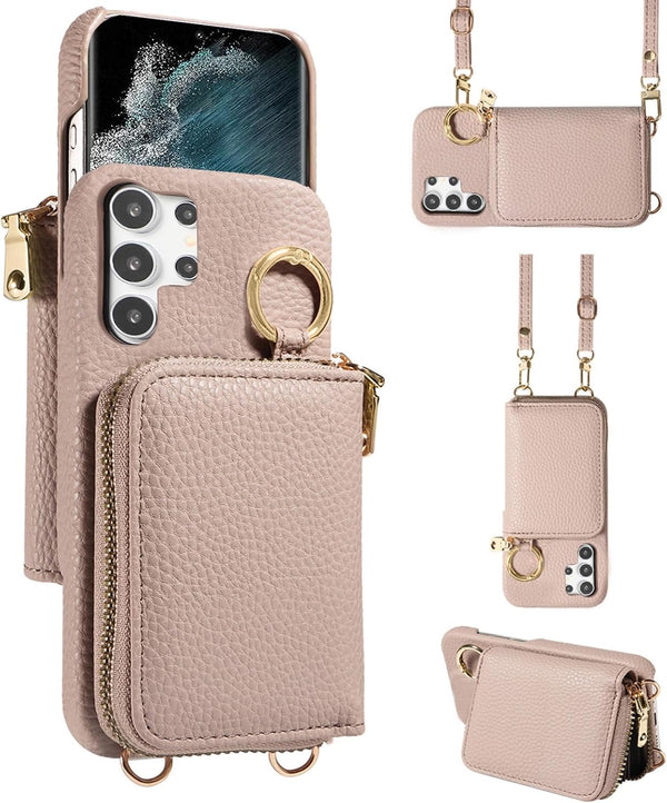 Furiet Wallet Case for Samsung Galaxy S22 Ultra 5G, Luxury PU Leather Zipper Flip Organ Purse, Khaki