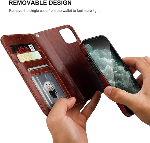 Bocasal Wallet Case for iPhone 12 Pro Max, Brown, with Card Holder, PU Leather, Magnetic Detachable Kickstand,