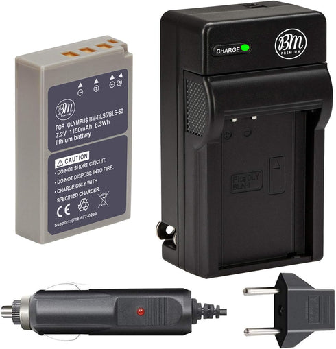 BM Premium BLS-50 Battery and Charger for Olympus OM-5, E-M5 III, E-M10 Series, Stylus 1 Cameras