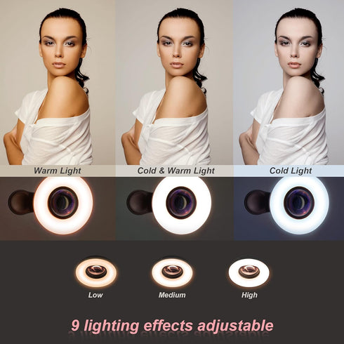 Macro Lens for iPhone and Android with Mini Clip Ring Light - Portable Rechargeable Dimming for Smartphone Photography