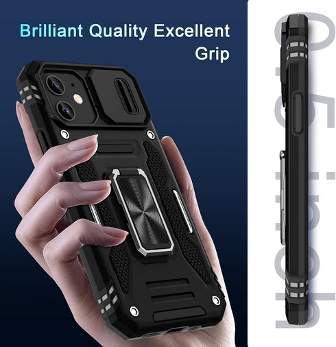 DEERLAMN iPhone 12/12 Pro Case - Black, Military Grade Shockproof, Slide Camera Cover, Screen Protector (2 Packs),