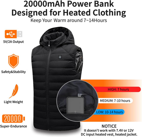 20000mAh Heated Vest Battery Pack, 5V 2A Power Bank for Heated Clothing, Fast Recharging for Heated Jackets, Camping