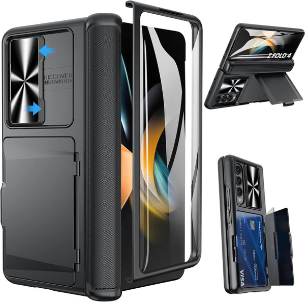 Viaotaily Samsung Galaxy Z Fold 4 Case, Durable Phone Case with Card Holder, Hinge Protection & Screen Protector (Black)