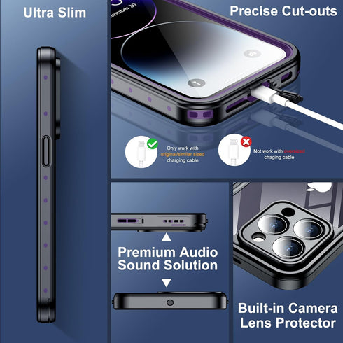 SPIDERCASE iPhone 14 Pro Case - Waterproof with Built-in Lens & Screen Protector, 12FT Military Shockproof, Purple