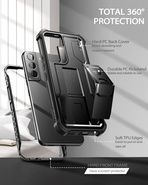 Dexnor Heavy Duty Case for Samsung Galaxy S22 Plus, Black, with Built-in Screen Protector & Kickstand, Shockproof
