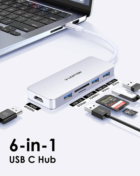 LENTION USB C Hub with 4K HDMI, 3 USB 3.0, SD/Micro SD Card Reader, Compatible with 2023-2016 MacBook Pro