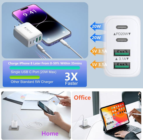 USB C Fast Charger for iPhone 15/15 Pro Max, 2 Pack 40W 4-Port USB C Charger Block Power Adapter with 6ft USB C Cable