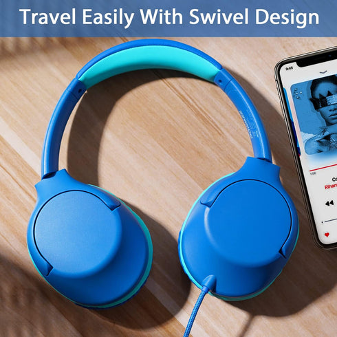 POWMEE P20 Kids Headphones for School, 94dB Volume Limited, 3.5mm Jack Wired Over-Ear for Fire Tablets/Travel/PC - Blue