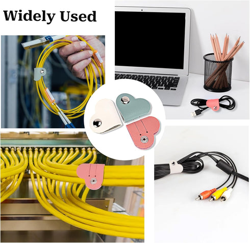 Heart Cord Organizer 3 Pack - PU Leather USB Cable & Earphones Storage Straps, Cute Charging Holder for Women & Girls.