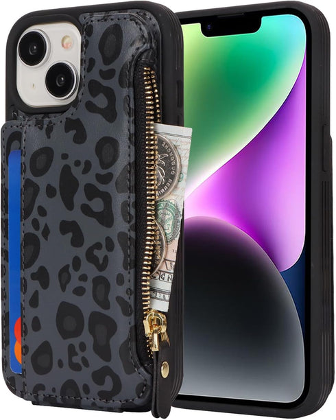 Cavor for iPhone 14 Plus Case with Card Holder - Wallet Case for Women Men, Leather Magnetic Clasp Zipper Pocket Card