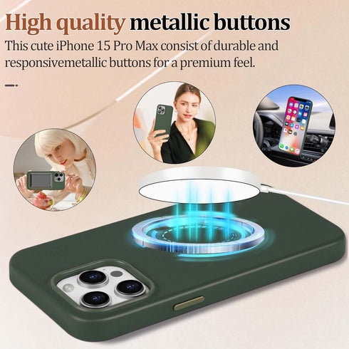 Genuine Leather Case for iPhone 15 Pro Max, MagSafe Compatible, Shockproof Slim Design, Sequoia Green