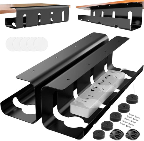 Under Desk Cable Management Tray, 2 Pack Steel Wire Organizer, No Drill 15.7 in Black Cable Raceway for Cords