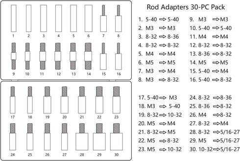 Gun Cleaning Rod Fitting Adapters, 30 pcs Pack, 5-40, 8-32, 10-32, 5/16-27, M3, M4, M5 Threads in Male and Female