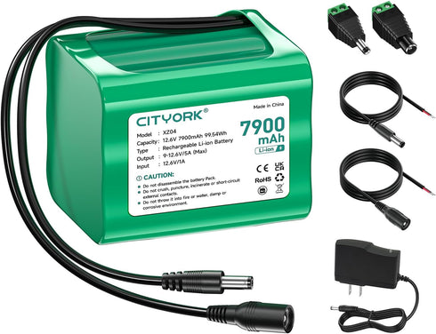 CITYORK 12V Lithium Battery 7900mAh with Charger, DC5521 Male Connector, 12V Rechargeable Battery
