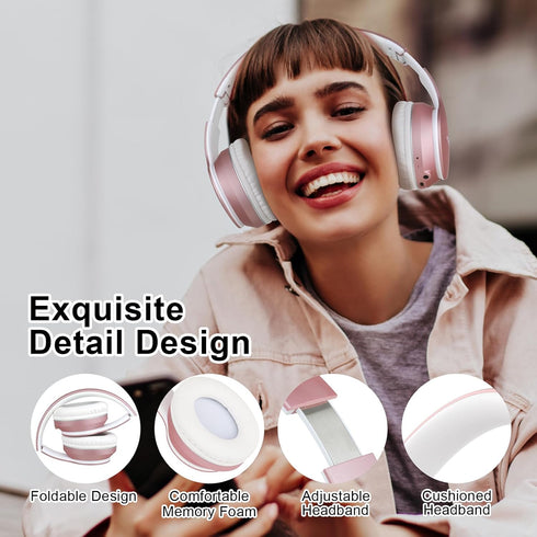 B9 Wireless Headphones Over-Ear, 60 Hours Playtime Lightweight Folding Hi-fi Stereo Bass Bluetooth Headset with Mic, Volume Control Headphones for iPad/Travel/Tablet/PC (Rose Gold)