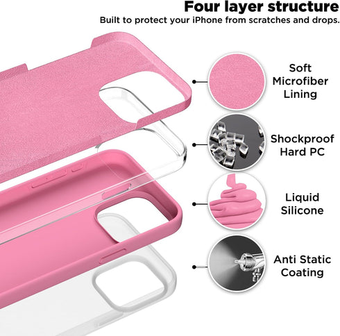iPhone 15 Pro Max Case - Tender Pink Liquid Silicone, Slim Shockproof Cover, Soft Anti-Scratch Microfiber Lining, 6.7"