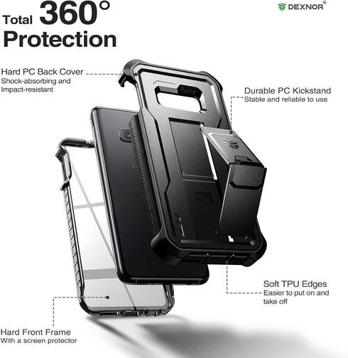 Dexnor Samsung Galaxy S10e Case: Black Heavy Duty Military Grade Protection with Built-in Screen Protector and Kickstand