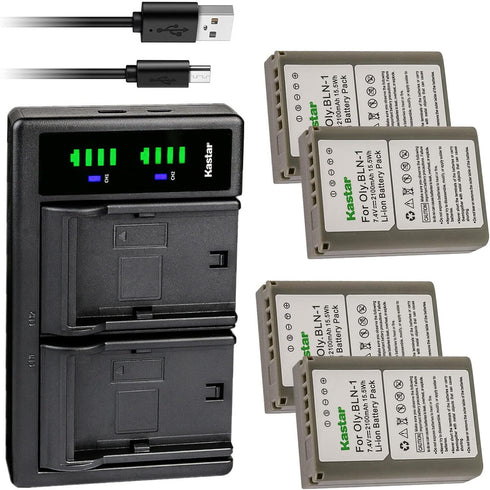 Kastar 4-Pack Fully Decoded Battery and LTD2 USB Charger Replacement for Olympus BLN-1, OM-D E-M5, and More