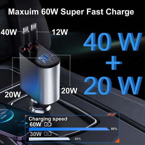 Retractable Car Charger 4 in 1 USB C Fast Charger with Dual Type-C Cables (31.5 inch) and 2 Charging Ports Compatible