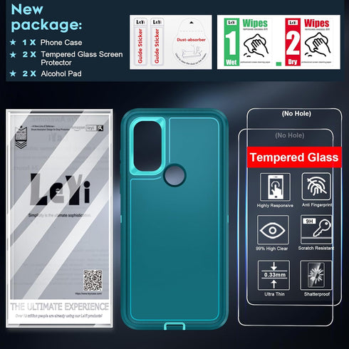 LeYi Moto G Play 2023 Case: Heavy Duty 3-in-1 Military Grade, Teal, with 2 PCS Tempered Glass Screen Protectors.
