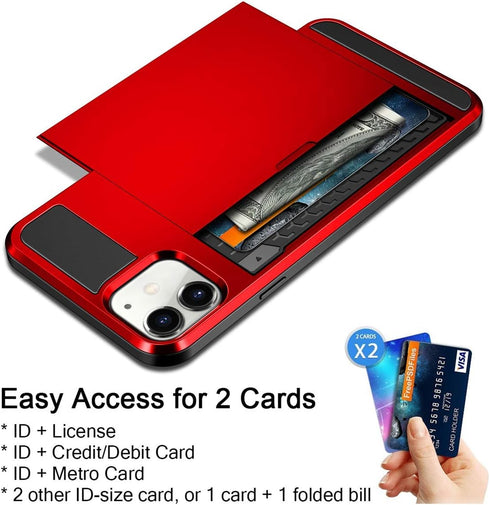 Vofolen Case for iPhone 11, Wallet Credit Card Holder, Anti-Scratch Dual Layer Hybrid Bumper Armor, Bright Red