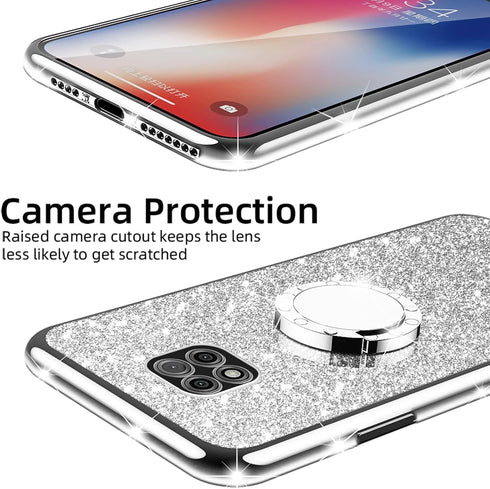 Case for Moto G Power 2021, Shockproof Protection with Ring Kickstand Lanyard, Cute Soft Glitter Cover - Silver