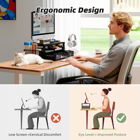 2-Tier 2 Simple Trending Desk Organizer and Accessories, Computer Monitor Stand Riser with Drawer and Pen Holders