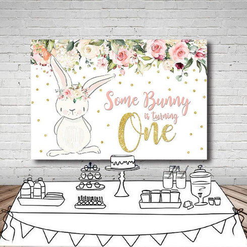 MEHOFOTO 8x6ft Bunny Girl One Birthday Party Backdrop - Spring Pink Floral Glitter Gold Rabbit Photography Background