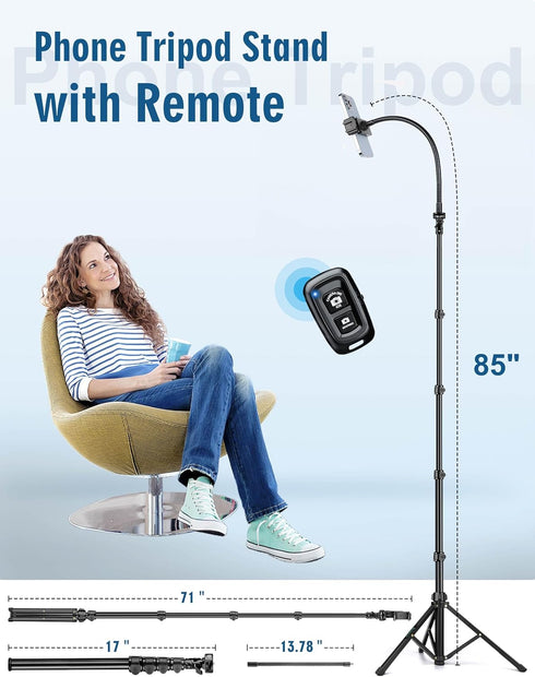Nineigh 85" Phone Tripod, Tripod for Cell Phone iPhone with Gooseneck, Aluminum Tripods Stand for Video Recording Photo