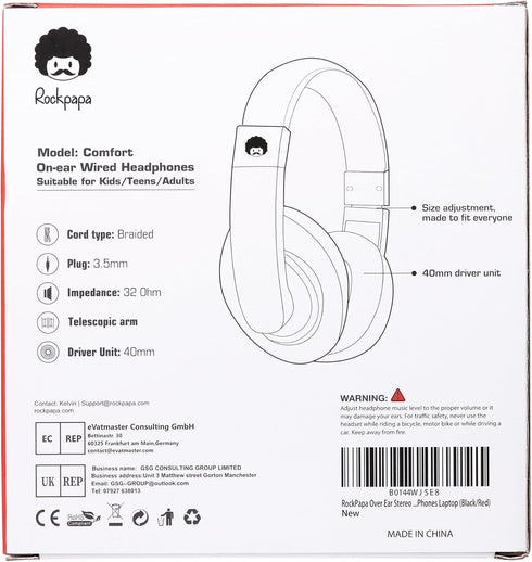 rockpapa Comfort Kids Headphones - Lightweight Over-Ear Wired 3.5mm for School, Travel, Black/Red